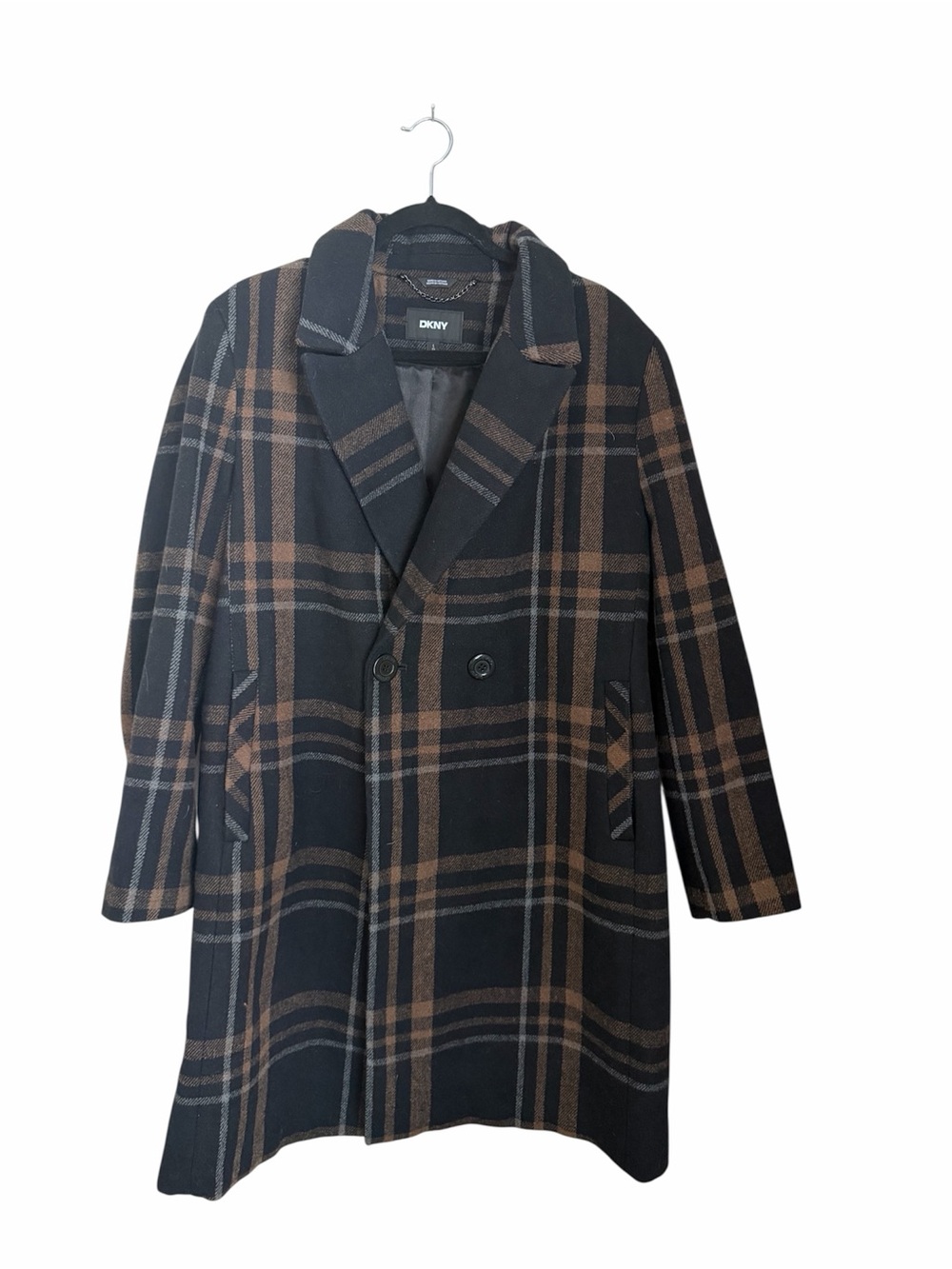 DKNY Black and Brown Plaid Double-Breasted Trench Coat